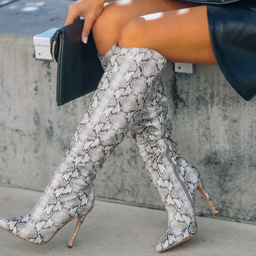 Vici Heeled Python Snake Boots | Taupe/Black | Si… - image 3